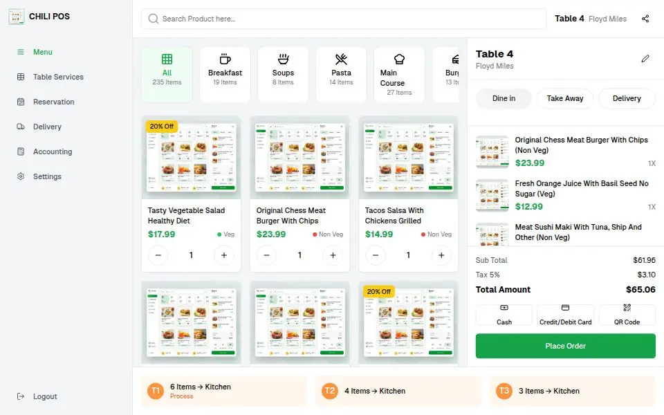 Screenshot of the Restaurant POS template: colourful, operational.
