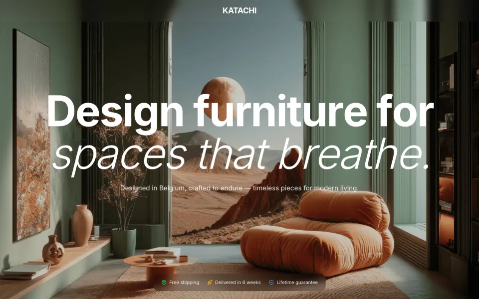 Screenshot of the KATACHI template: big type over interiors.