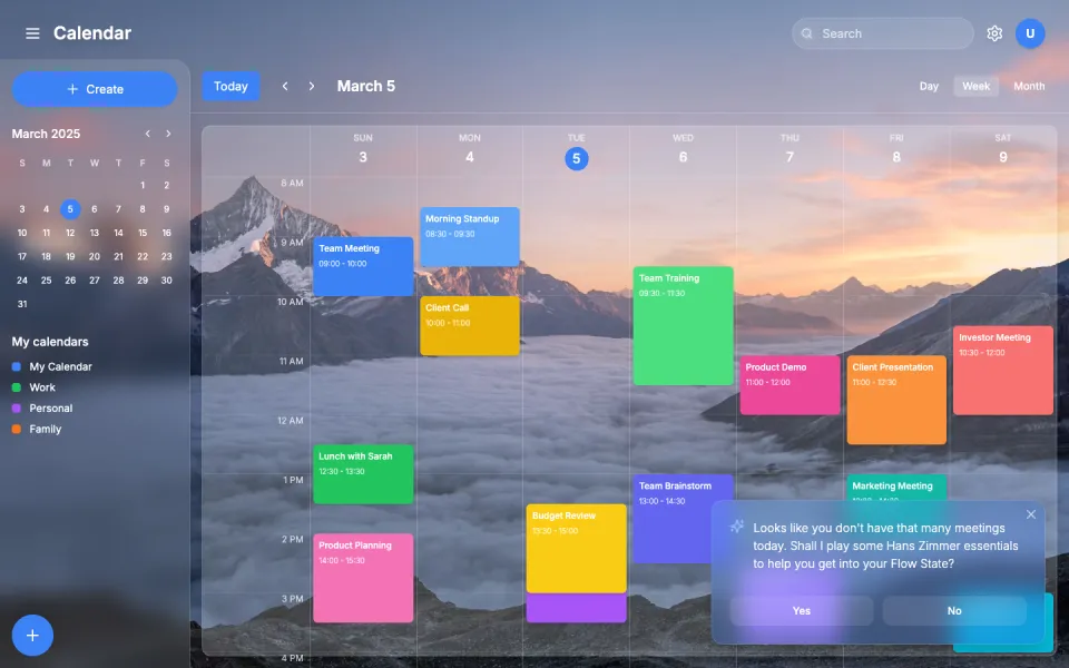 Screenshot of the Calendar App template: glass calendar over landscape.