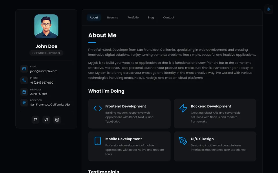 Screenshot of the Minimalist portfolio template: dark profile card with tabs.