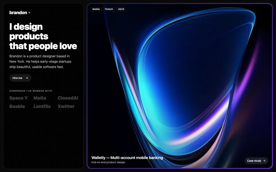 Screenshot of the Portfolio template template: dark glow, case-study led.