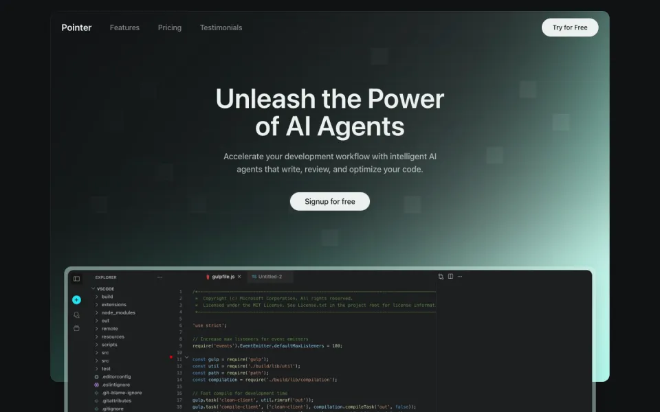 Screenshot of the Pointer AI landing page template: dark saas with live code.