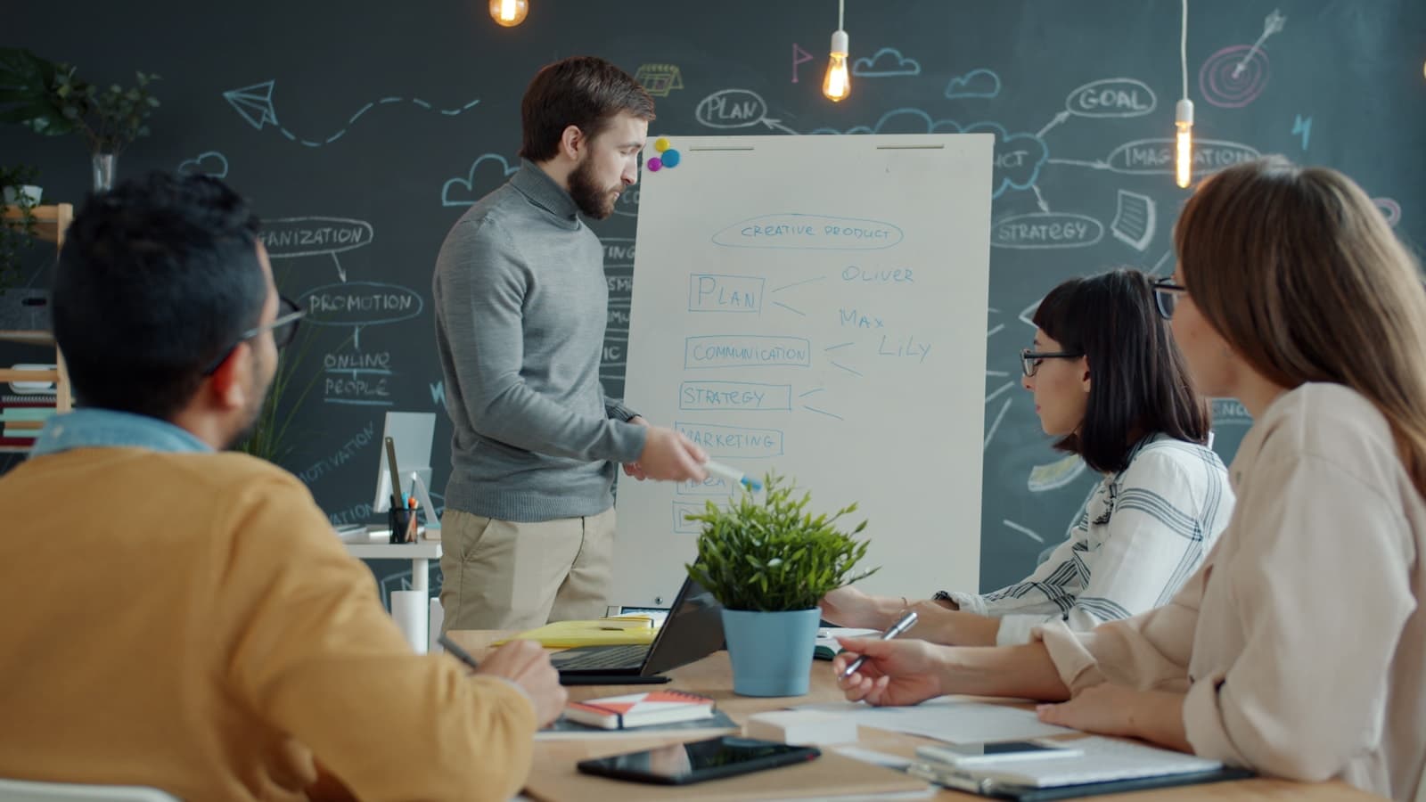 A team shaping a strategy together at a whiteboard