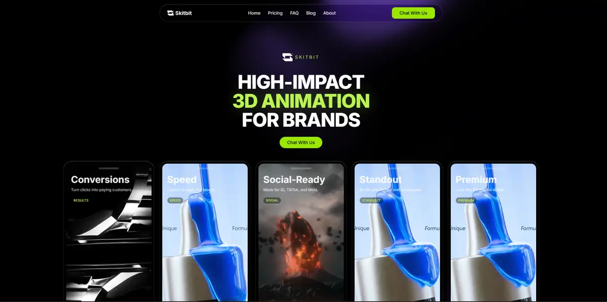 Screenshot of the Liquid Glass Agency style: dark, glossy 3d.